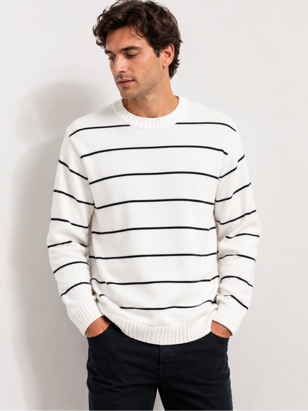 Giordano Cotton Nylon Blend Men's White Crewneck Sweater Black Stripes Xl